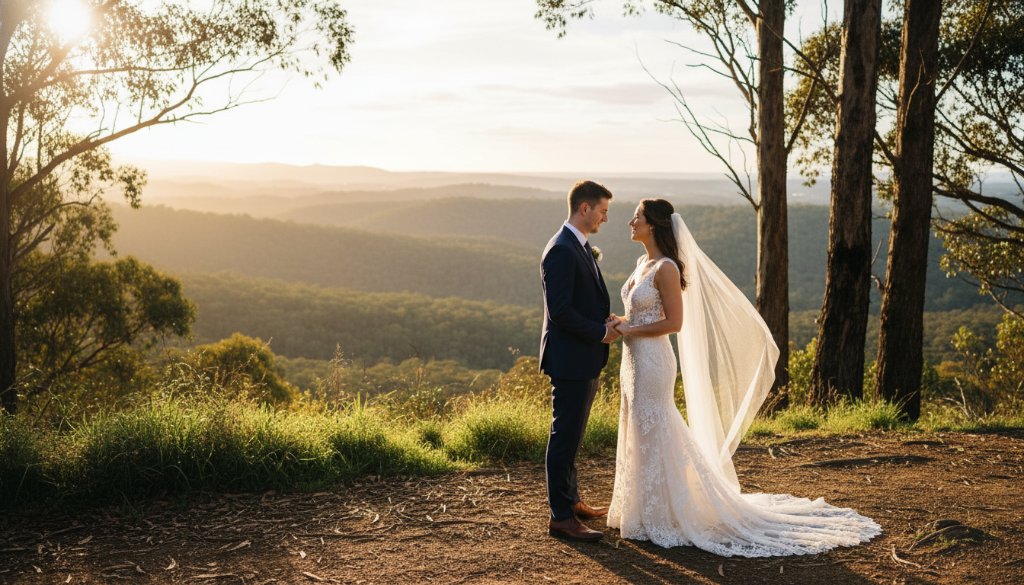 A stunning, candid wide-angle photograph of a newly married couple sharing a genuine, joyful laugh amidst the natural beauty of the Dandenong Ranges foothills in Boronia, Victoria, with warm, golden hour light filtering through eucalyptus trees, highlighting their intimate connection and the vibrant Australian landscape. This image epitomises capturing candid Boronia wedding photography moments.