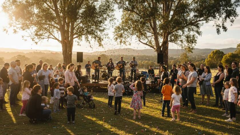 Dynamic wide shot capturing candid community events The Basin, featuring a diverse crowd cheering excitedly at an outdoor festival, with dramatic sunset light filtering through eucalypt trees, an epic moment frozen in time by a professional event photographer.