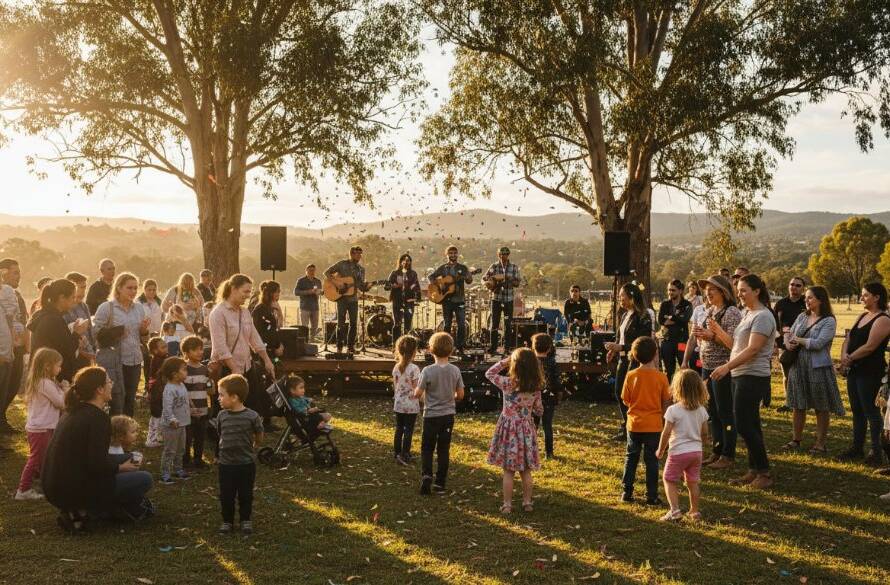 Dynamic wide shot capturing candid community events The Basin, featuring a diverse crowd cheering excitedly at an outdoor festival, with dramatic sunset light filtering through eucalypt trees, an epic moment frozen in time by a professional event photographer.