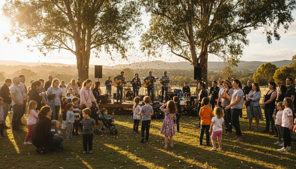 Dynamic wide shot capturing candid community events The Basin, featuring a diverse crowd cheering excitedly at an outdoor festival, with dramatic sunset light filtering through eucalypt trees, an epic moment frozen in time by a professional event photographer.