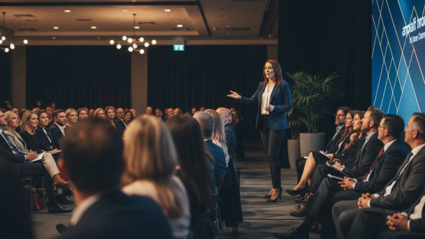 An epic, candid wide-angle photograph of a dynamic corporate networking event in Deer Park, Victoria, showcasing executives laughing genuinely, a speaker in the foreground, with dramatic, professional lighting, perfectly capturing candid Deer Park corporate event moments and genuine connections.