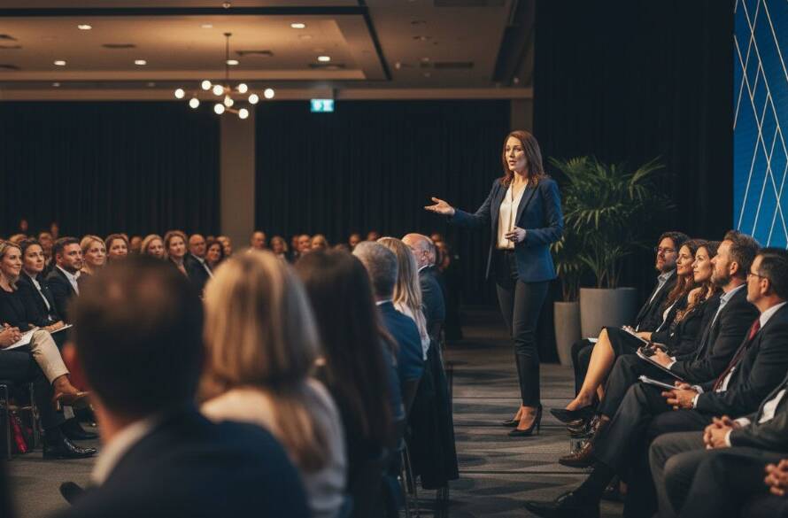An epic, candid wide-angle photograph of a dynamic corporate networking event in Deer Park, Victoria, showcasing executives laughing genuinely, a speaker in the foreground, with dramatic, professional lighting, perfectly capturing candid Deer Park corporate event moments and genuine connections.