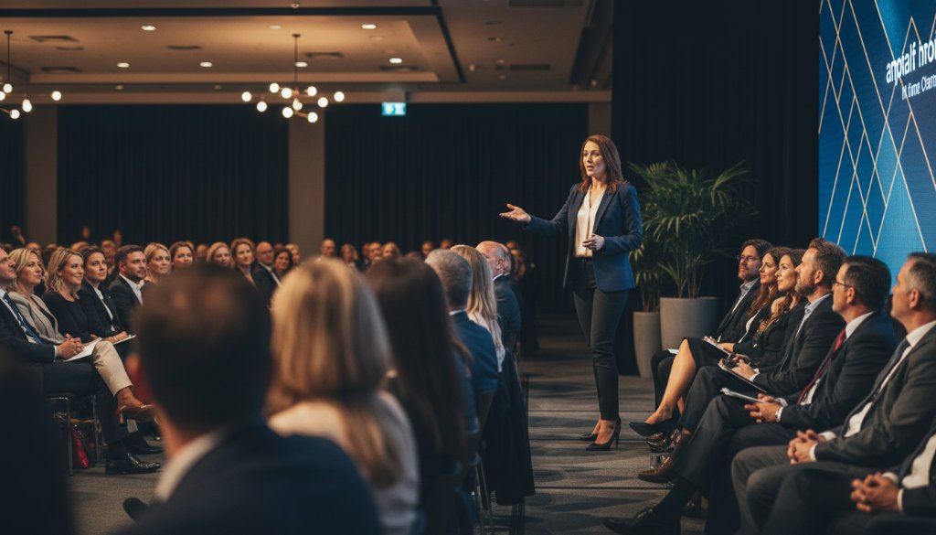 An epic, candid wide-angle photograph of a dynamic corporate networking event in Deer Park, Victoria, showcasing executives laughing genuinely, a speaker in the foreground, with dramatic, professional lighting, perfectly capturing candid Deer Park corporate event moments and genuine connections.