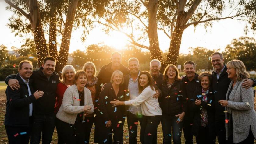 An epic moment of joyful celebration, with guests laughing and dancing under string lights at a vibrant community event in Bayswater North, Victoria, captured by Image by SD, showcasing dynamic event photography.
