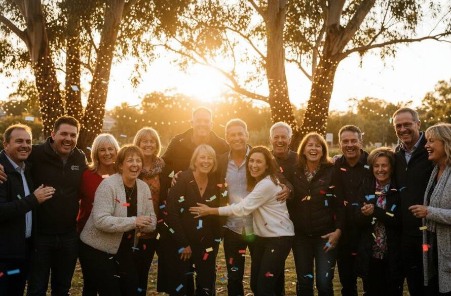 An epic moment of joyful celebration, with guests laughing and dancing under string lights at a vibrant community event in Bayswater North, Victoria, captured by Image by SD, showcasing dynamic event photography.