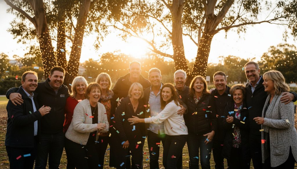 An epic moment of joyful celebration, with guests laughing and dancing under string lights at a vibrant community event in Bayswater North, Victoria, captured by Image by SD, showcasing dynamic event photography.