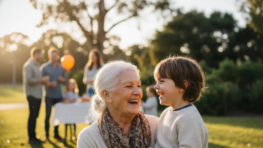 A heartwarming, candid photograph of a multi-generational family group laughing joyfully outdoors at a local park in Dingley Village, perfectly capturing candid family events Dingley Village during a golden hour celebration, professional and vibrant.