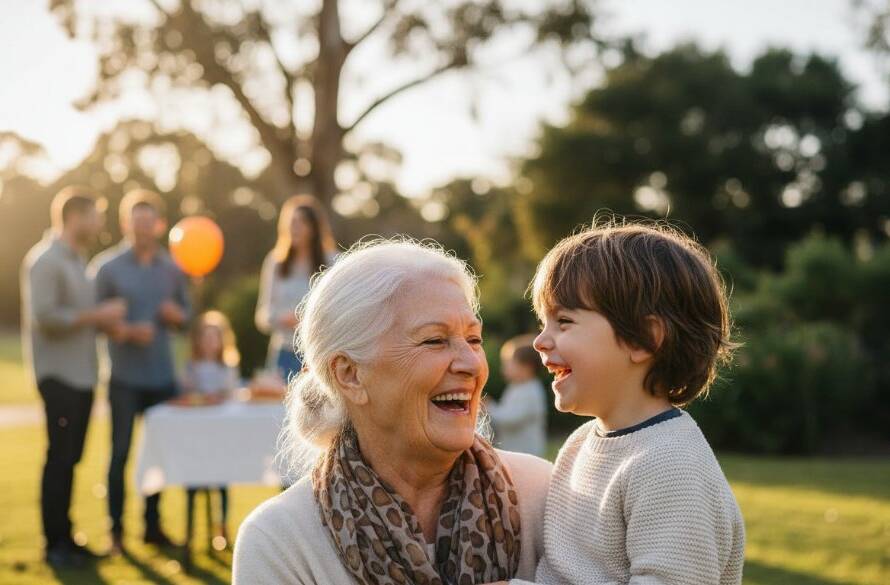 A heartwarming, candid photograph of a multi-generational family group laughing joyfully outdoors at a local park in Dingley Village, perfectly capturing candid family events Dingley Village during a golden hour celebration, professional and vibrant.