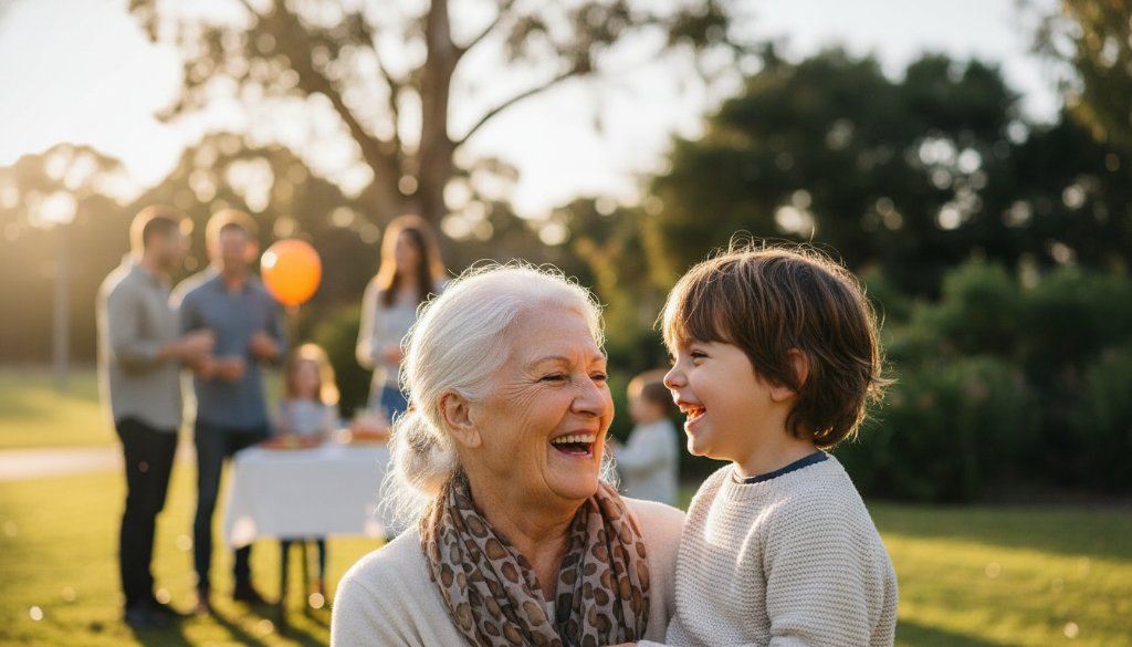 A heartwarming, candid photograph of a multi-generational family group laughing joyfully outdoors at a local park in Dingley Village, perfectly capturing candid family events Dingley Village during a golden hour celebration, professional and vibrant.