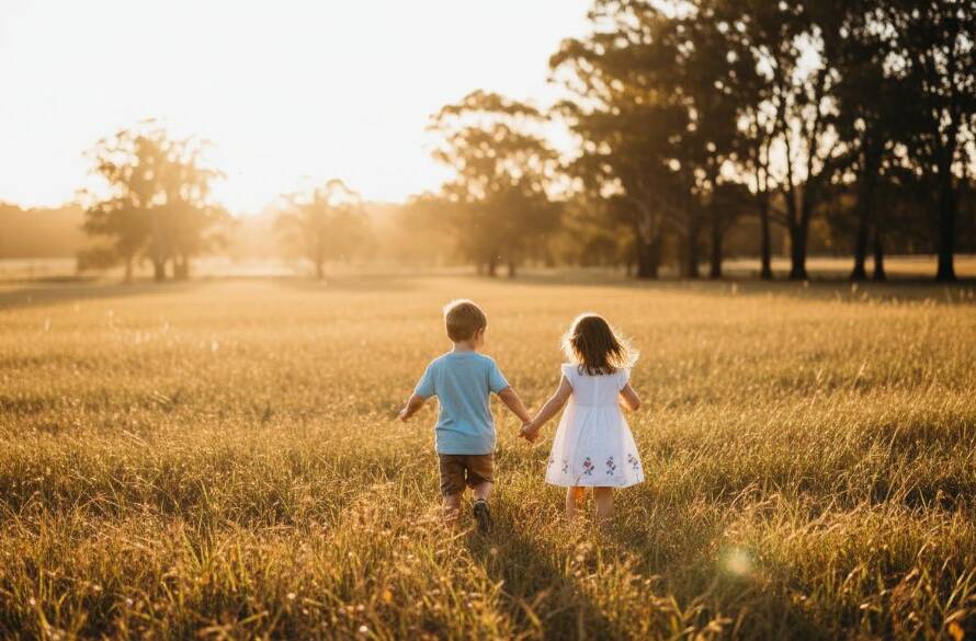 A heartwarming, professionally colour-graded photograph capturing candid family joy Beaconsfield VIC, showing a mother and child laughing genuinely under a golden sunset in a scenic Beaconsfield park, evoking a powerful, unposed moment.
