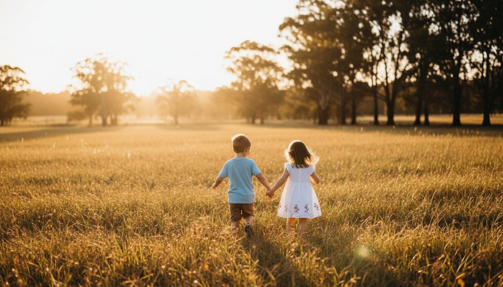 A heartwarming, professionally colour-graded photograph capturing candid family joy Beaconsfield VIC, showing a mother and child laughing genuinely under a golden sunset in a scenic Beaconsfield park, evoking a powerful, unposed moment.