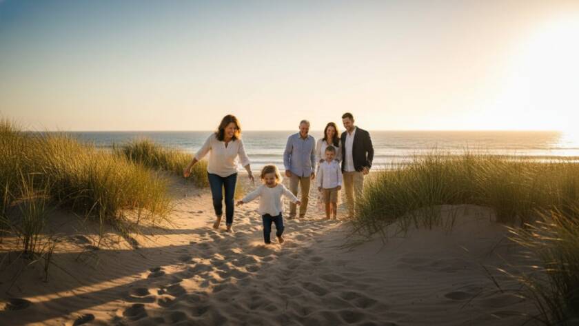 A heartwarming, sun-kissed candid family moment, capturing candid family joy Hampton East photos, featuring a mother and child laughing naturally on the sand dunes near Hampton Beach, with soft golden hour light highlighting their genuine connection and the coastal landscape in the background. Professional color grading enhances the emotional impact.