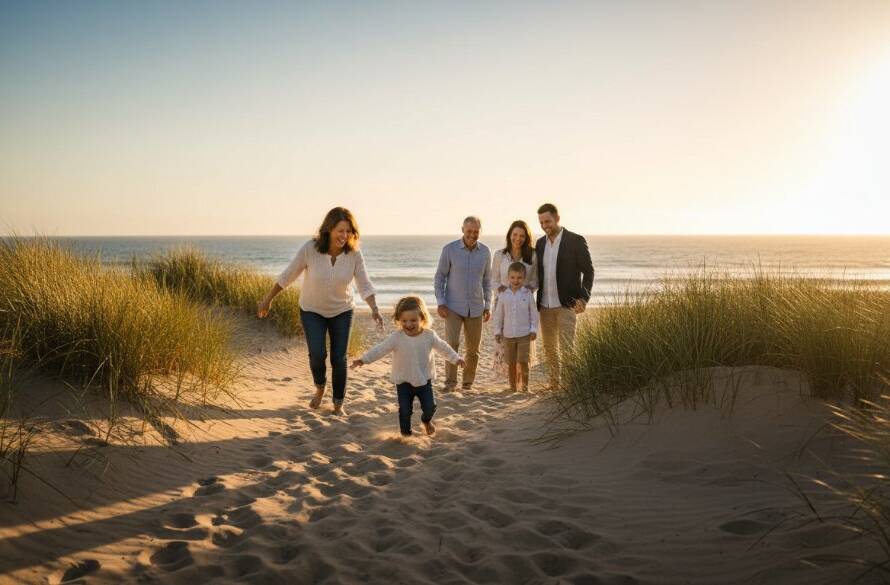 A heartwarming, sun-kissed candid family moment, capturing candid family joy Hampton East photos, featuring a mother and child laughing naturally on the sand dunes near Hampton Beach, with soft golden hour light highlighting their genuine connection and the coastal landscape in the background. Professional color grading enhances the emotional impact.