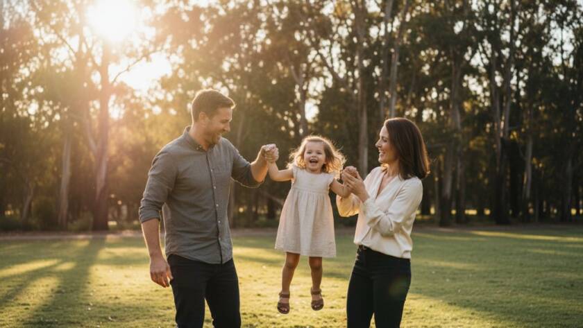 A heartwarming, candid photograph capturing genuine family joy in a Wantirna South park, with parents laughing and children playing naturally in golden hour light, embodying the essence of capturing candid family joy Wantirna South.