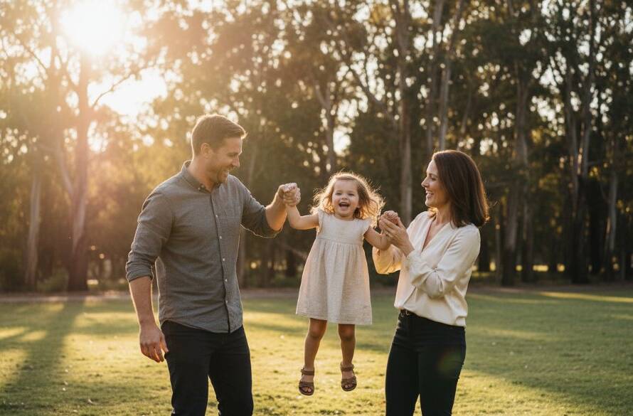 A heartwarming, candid photograph capturing genuine family joy in a Wantirna South park, with parents laughing and children playing naturally in golden hour light, embodying the essence of capturing candid family joy Wantirna South.