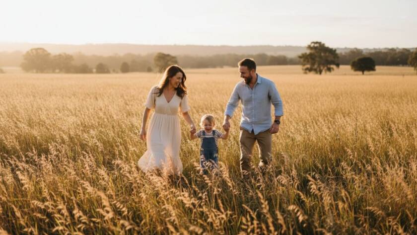 A heartwarming candid family moment captured in a golden hour glow at Brimbank Park, Keilor East, showing parents laughing with their child, embodying the essence of capturing candid family moments Keilor East through professional photography.