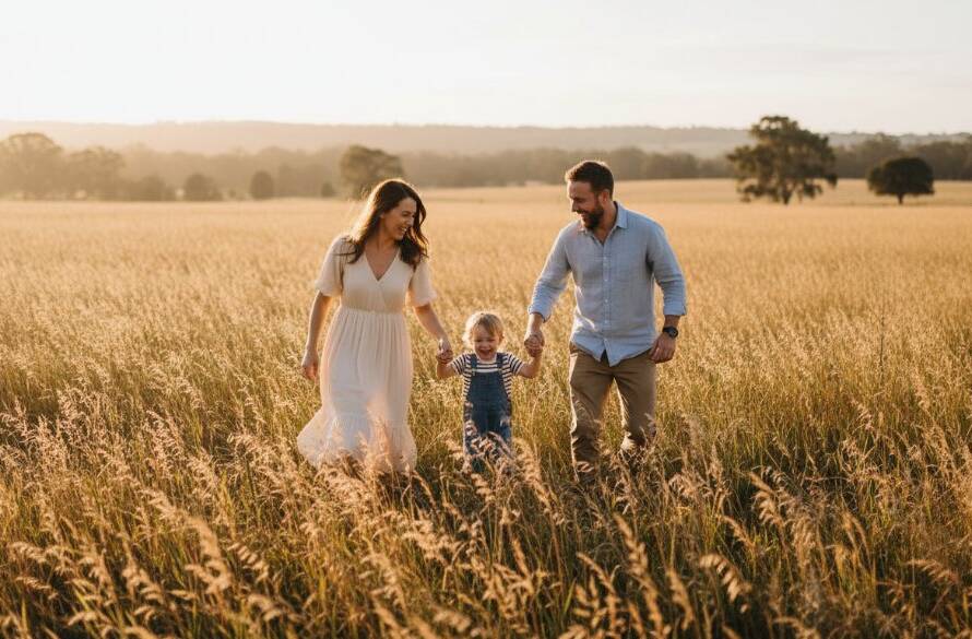A heartwarming candid family moment captured in a golden hour glow at Brimbank Park, Keilor East, showing parents laughing with their child, embodying the essence of capturing candid family moments Keilor East through professional photography.