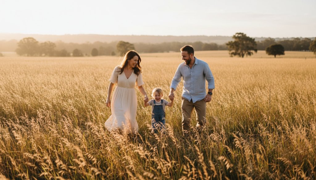 A heartwarming candid family moment captured in a golden hour glow at Brimbank Park, Keilor East, showing parents laughing with their child, embodying the essence of capturing candid family moments Keilor East through professional photography.