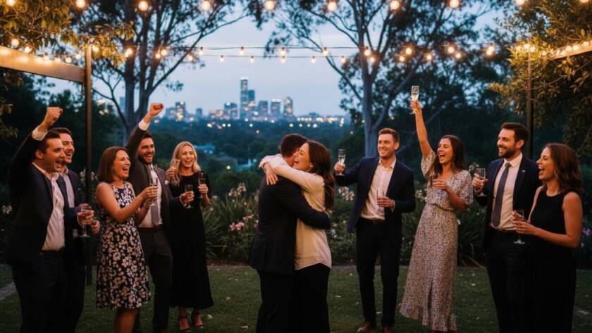 An elevated, wide-angle shot of a vibrant outdoor birthday party in Templestowe at dusk, with professional capturing candid party photography Templestowe capturing friends laughing and raising glasses, golden hour light, bokeh background, celebrating an epic moment of joy.