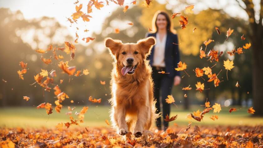A heartwarming, professionally color-graded 'epic moment' photograph of a golden retriever joyfully leaping through fallen autumn leaves in Murrumbeena Park, its owner laughing in the soft, golden hour light, perfectly capturing candid pet moments in Murrumbeena with dramatic bokeh.