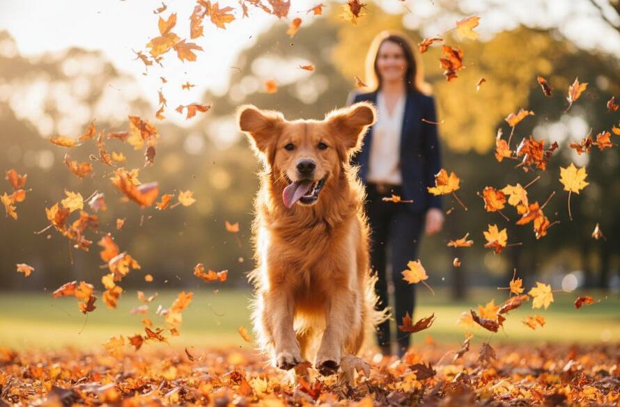 A heartwarming, professionally color-graded 'epic moment' photograph of a golden retriever joyfully leaping through fallen autumn leaves in Murrumbeena Park, its owner laughing in the soft, golden hour light, perfectly capturing candid pet moments in Murrumbeena with dramatic bokeh.