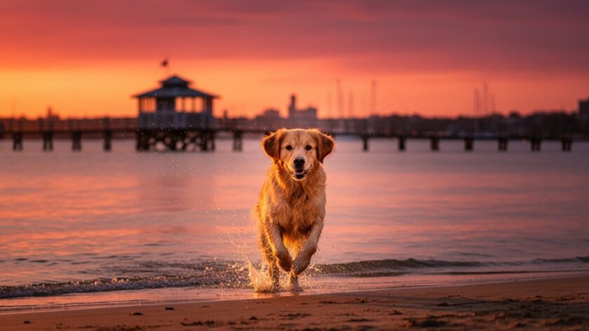 A stunning, cinematic shot capturing candid pet portraits East Geelong, showing a golden retriever mid-leap with joy on Eastern Beach, sun setting dramatically behind, professional lighting, vibrant colours.