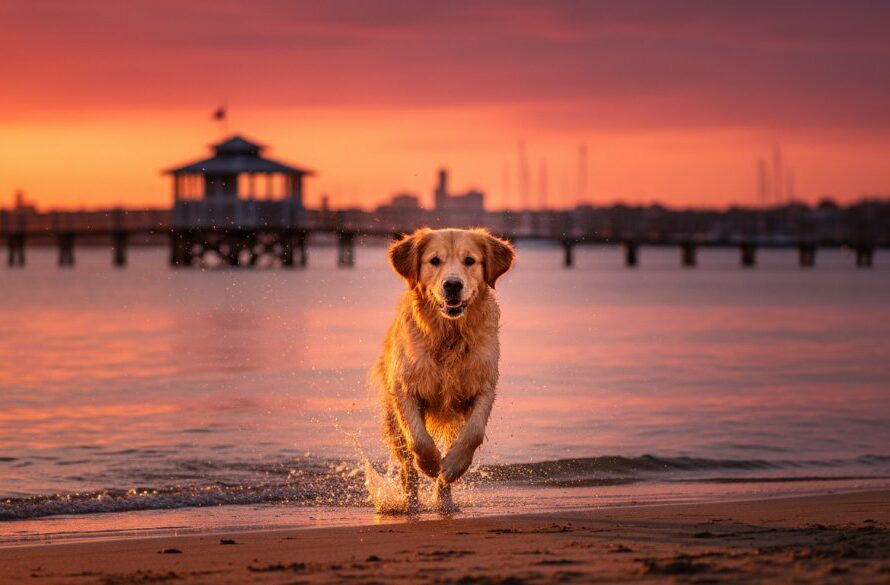 A stunning, cinematic shot capturing candid pet portraits East Geelong, showing a golden retriever mid-leap with joy on Eastern Beach, sun setting dramatically behind, professional lighting, vibrant colours.