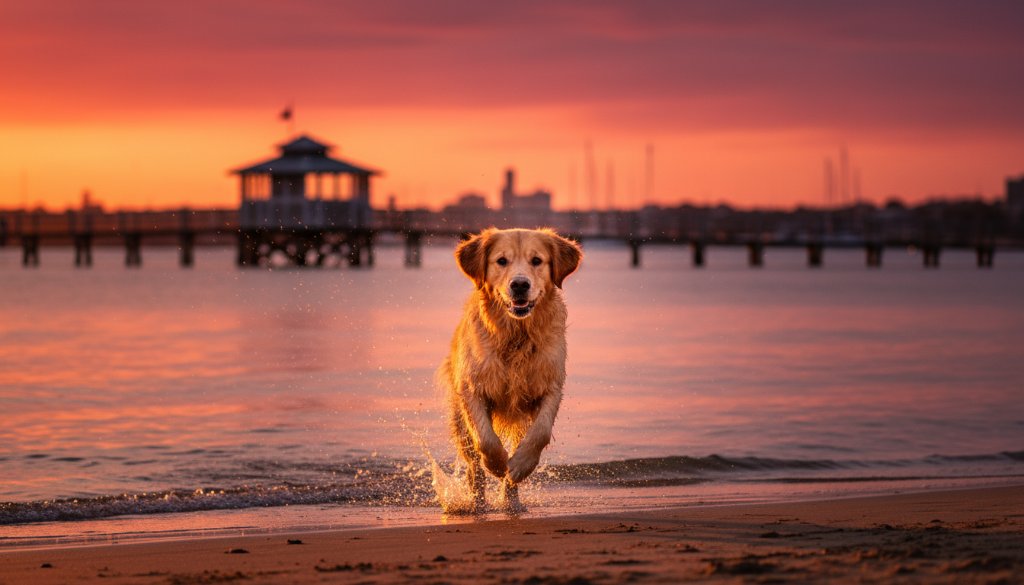 A stunning, cinematic shot capturing candid pet portraits East Geelong, showing a golden retriever mid-leap with joy on Eastern Beach, sun setting dramatically behind, professional lighting, vibrant colours.