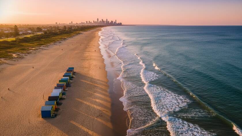 An epic aerial drone photograph 'Capturing Chelsea's Coastal Beauty with Drone Photography' at sunset, featuring the long stretch of golden sand at Chelsea Beach, iconic colourful bathing boxes, gentle waves, and the distant Melbourne skyline under a dramatic, vibrant sky. The scene is bathed in warm, golden light with long shadows, showcasing the serene yet grand scale of the Victorian coastline.