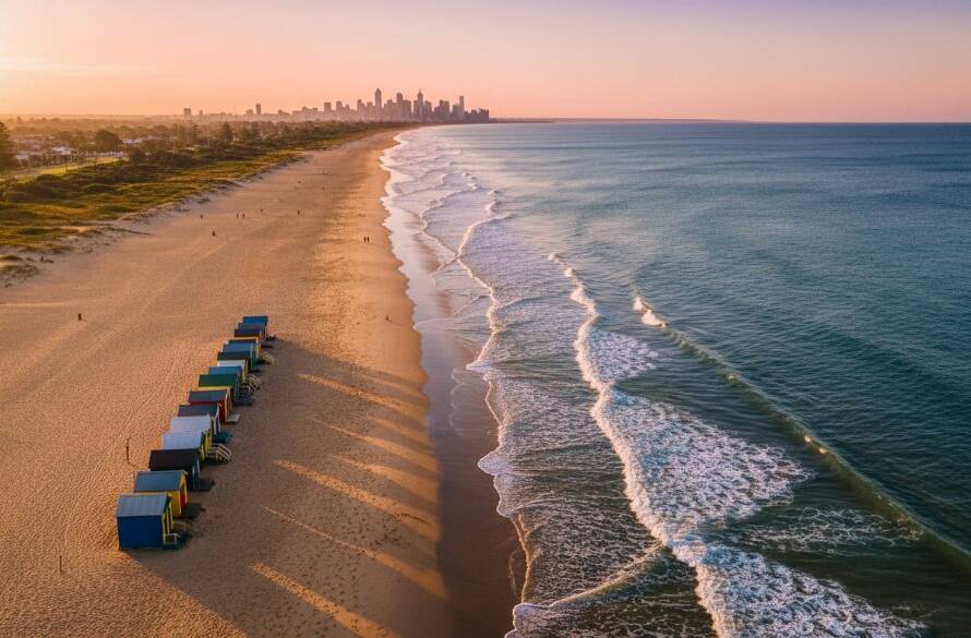 An epic aerial drone photograph 'Capturing Chelsea's Coastal Beauty with Drone Photography' at sunset, featuring the long stretch of golden sand at Chelsea Beach, iconic colourful bathing boxes, gentle waves, and the distant Melbourne skyline under a dramatic, vibrant sky. The scene is bathed in warm, golden light with long shadows, showcasing the serene yet grand scale of the Victorian coastline.