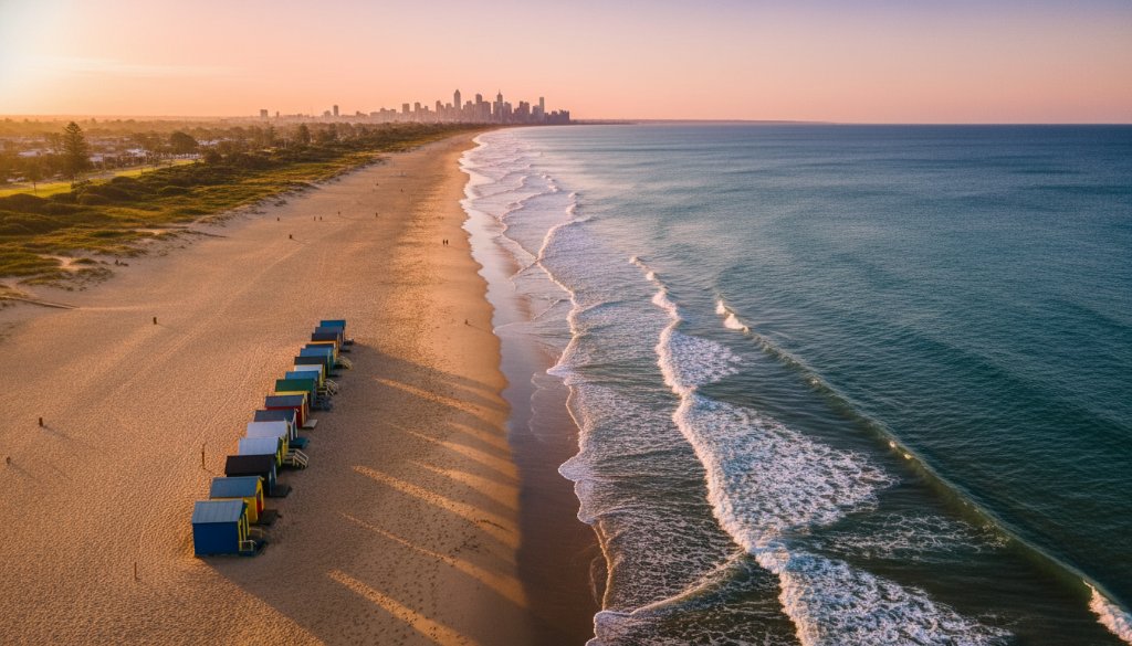 An epic aerial drone photograph 'Capturing Chelsea's Coastal Beauty with Drone Photography' at sunset, featuring the long stretch of golden sand at Chelsea Beach, iconic colourful bathing boxes, gentle waves, and the distant Melbourne skyline under a dramatic, vibrant sky. The scene is bathed in warm, golden light with long shadows, showcasing the serene yet grand scale of the Victorian coastline.