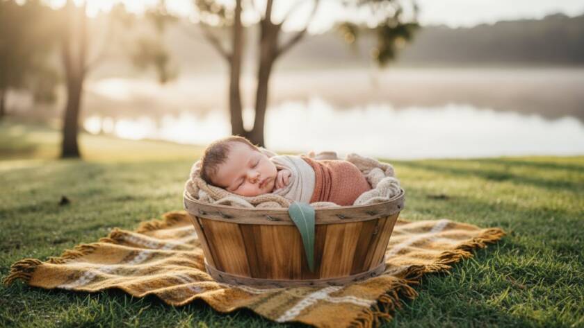 A beautifully composed, warm-lit photograph of a baby joyfully laughing in a sun-dappled outdoor setting near Lysterfield Lake, perfectly capturing cherished baby milestones Rowville VIC with professional elegance.