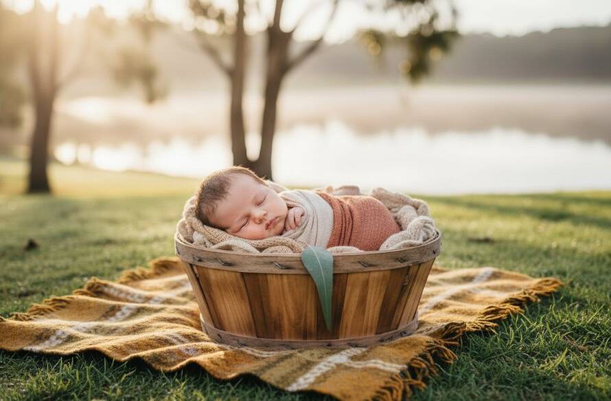 A beautifully composed, warm-lit photograph of a baby joyfully laughing in a sun-dappled outdoor setting near Lysterfield Lake, perfectly capturing cherished baby milestones Rowville VIC with professional elegance.
