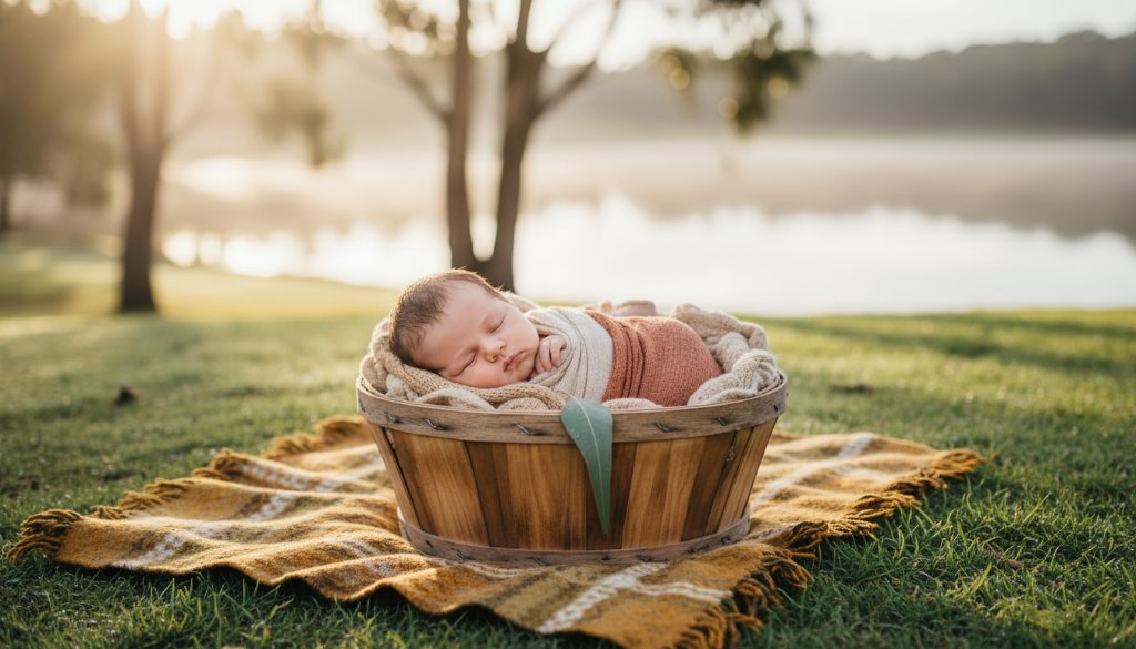 A beautifully composed, warm-lit photograph of a baby joyfully laughing in a sun-dappled outdoor setting near Lysterfield Lake, perfectly capturing cherished baby milestones Rowville VIC with professional elegance.