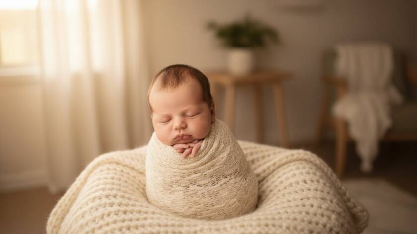 An emotionally resonant, softly lit photograph capturing cherished newborn moments Taylors Hill, showing a peacefully sleeping baby swaddled in natural fibres against a warm, rustic backdrop, with light streaming through a window.