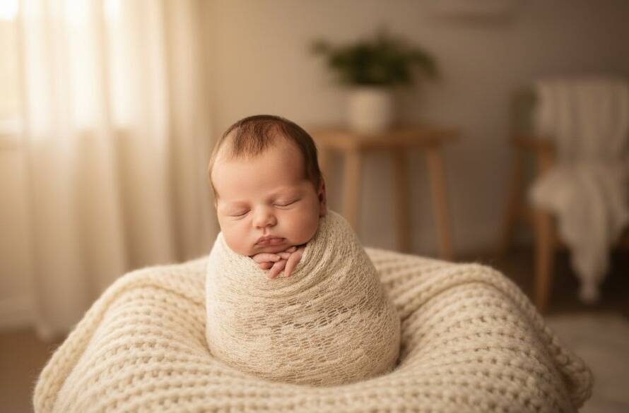 An emotionally resonant, softly lit photograph capturing cherished newborn moments Taylors Hill, showing a peacefully sleeping baby swaddled in natural fibres against a warm, rustic backdrop, with light streaming through a window.