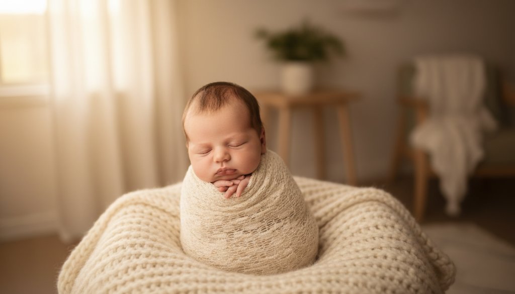 An emotionally resonant, softly lit photograph capturing cherished newborn moments Taylors Hill, showing a peacefully sleeping baby swaddled in natural fibres against a warm, rustic backdrop, with light streaming through a window.