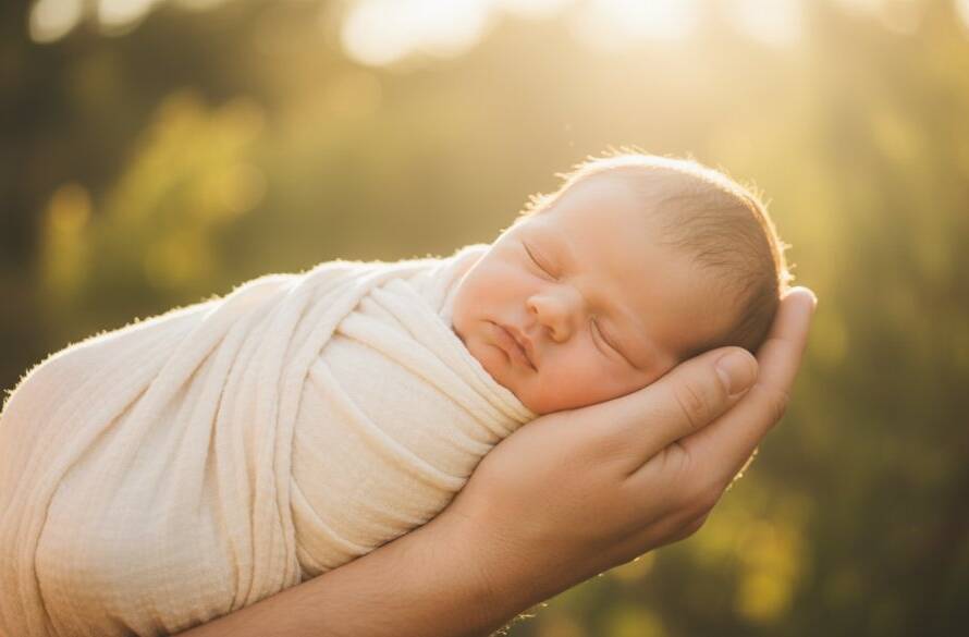 A tender, cinematic shot capturing cherished Park Orchards newborn photography moments, featuring a peacefully sleeping baby swaddled in soft white fabric, held gently in a parent's hands, bathed in ethereal natural light filtering through gum trees, evoking warmth and profound love.
