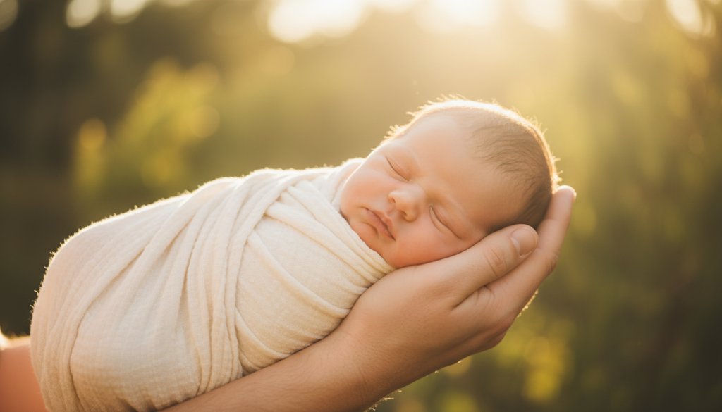 A tender, cinematic shot capturing cherished Park Orchards newborn photography moments, featuring a peacefully sleeping baby swaddled in soft white fabric, held gently in a parent's hands, bathed in ethereal natural light filtering through gum trees, evoking warmth and profound love.