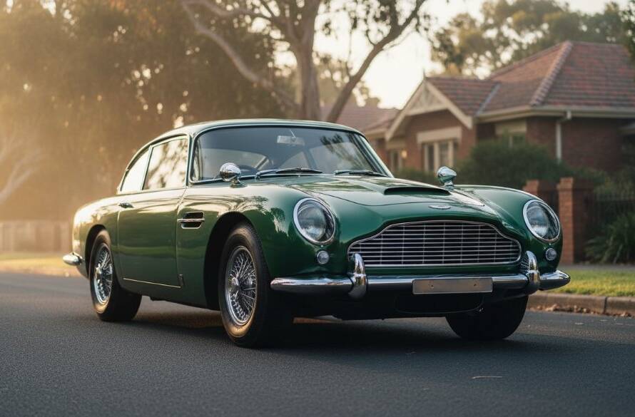 Dramatic low-angle shot of a meticulously restored vintage sports car bathed in golden hour light, parked on a tree-lined street in Blackburn, Victoria, showcasing its exquisite details and the local leafy surrounds. The image embodies the focus keyphrase Capturing classic car elegance Blackburn Victoria.
