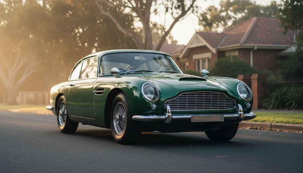 Dramatic low-angle shot of a meticulously restored vintage sports car bathed in golden hour light, parked on a tree-lined street in Blackburn, Victoria, showcasing its exquisite details and the local leafy surrounds. The image embodies the focus keyphrase Capturing classic car elegance Blackburn Victoria.