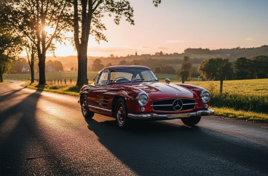 An epic moment capturing classic car elegance Daylesford Victoria, featuring a vintage sports car glowing under dramatic sunset light on a winding road with a picturesque Daylesford landscape in the background, professional cinematic photography.