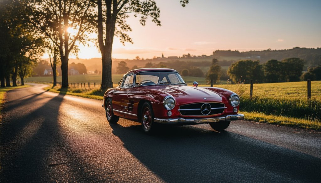 An epic moment capturing classic car elegance Daylesford Victoria, featuring a vintage sports car glowing under dramatic sunset light on a winding road with a picturesque Daylesford landscape in the background, professional cinematic photography.