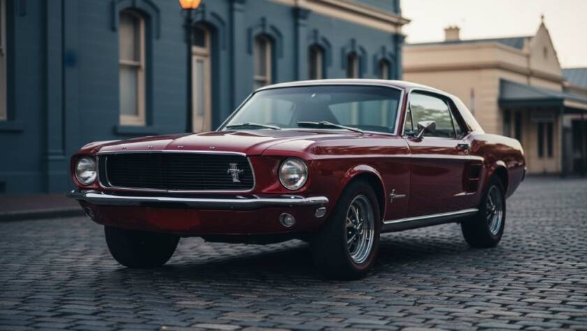 Dramatic night shot of a polished vintage muscle car parked under subtle streetlights in Keilor, Victoria, its chrome gleaming, embodying the spirit of Capturing Classic Car Elegance Keilor Photography.