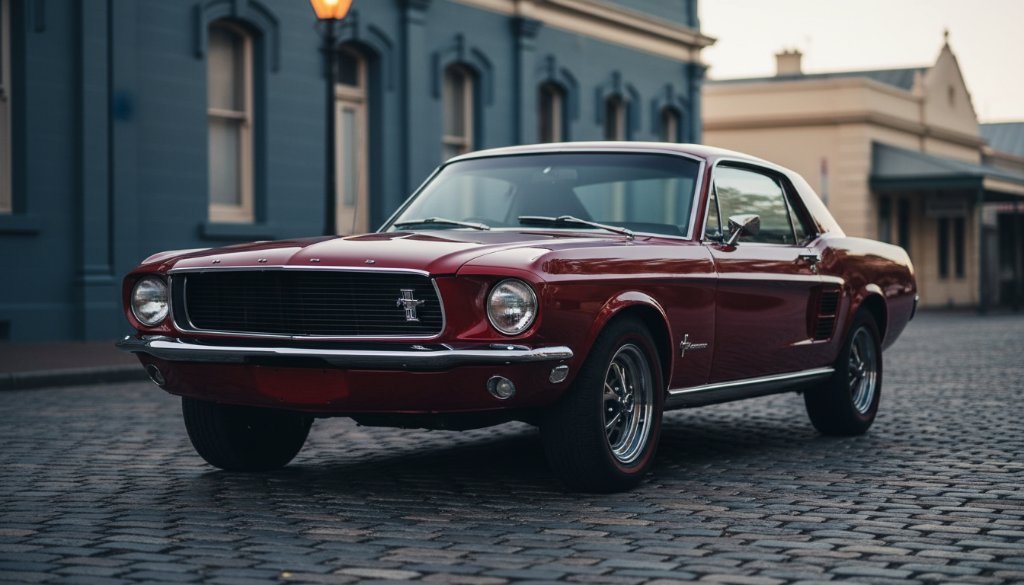 Dramatic night shot of a polished vintage muscle car parked under subtle streetlights in Keilor, Victoria, its chrome gleaming, embodying the spirit of Capturing Classic Car Elegance Keilor Photography.