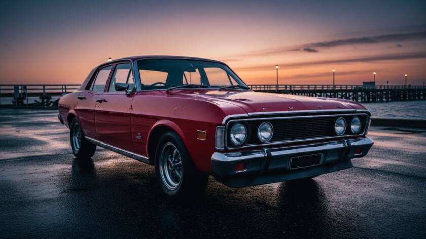 An epic moment of a perfectly restored vintage muscle car, gleaming under the golden hour sun, parked strategically on Mordialloc Beach Road with the iconic Mordialloc Pier in the background, showcasing the sophisticated art of capturing classic car elegance Mordialloc beach road.