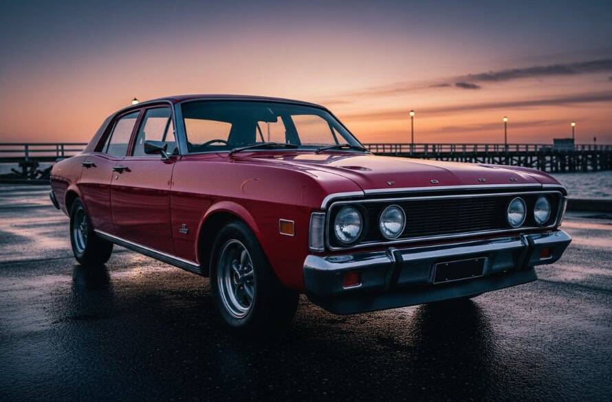An epic moment of a perfectly restored vintage muscle car, gleaming under the golden hour sun, parked strategically on Mordialloc Beach Road with the iconic Mordialloc Pier in the background, showcasing the sophisticated art of capturing classic car elegance Mordialloc beach road.