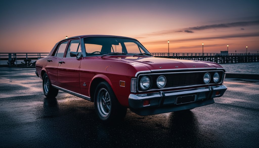 An epic moment of a perfectly restored vintage muscle car, gleaming under the golden hour sun, parked strategically on Mordialloc Beach Road with the iconic Mordialloc Pier in the background, showcasing the sophisticated art of capturing classic car elegance Mordialloc beach road.
