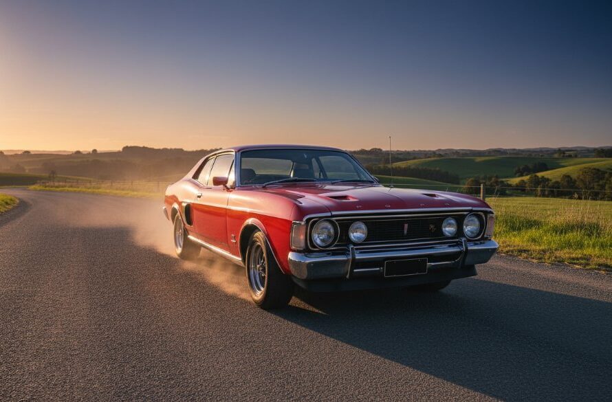 An epic, low-angle shot of a meticulously restored vintage muscle car, gleaming under a dramatic Newborough sunset, with golden light highlighting its chrome, perfectly encapsulating the 'Capturing Classic Car Essence Newborough Victoria'.