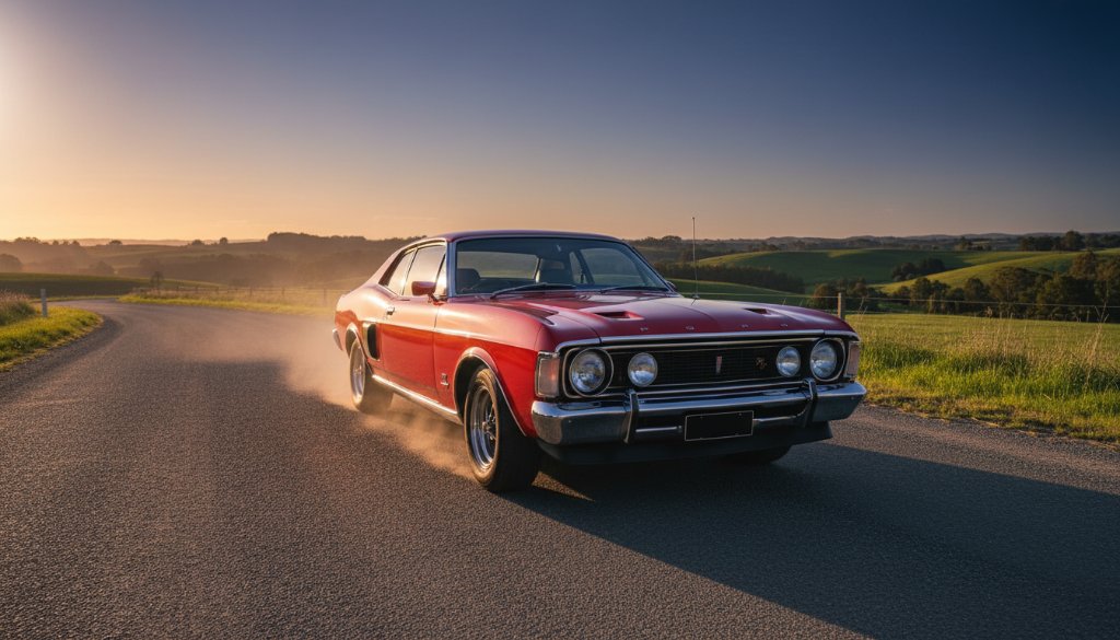 An epic, low-angle shot of a meticulously restored vintage muscle car, gleaming under a dramatic Newborough sunset, with golden light highlighting its chrome, perfectly encapsulating the 'Capturing Classic Car Essence Newborough Victoria'.